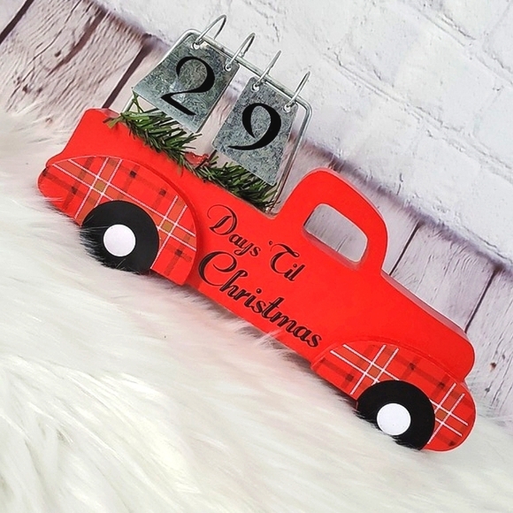 Christmas Countdown Wooden Red Farm Truck Galvanized Metal Number Decor - Picture 3 of 13